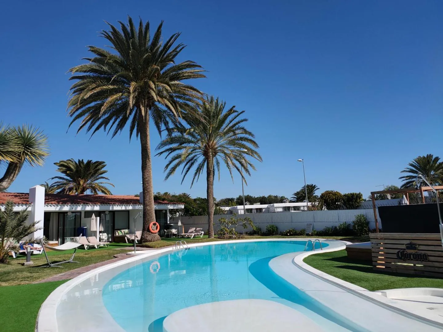 Pool with a shallow beach entry under tall palms