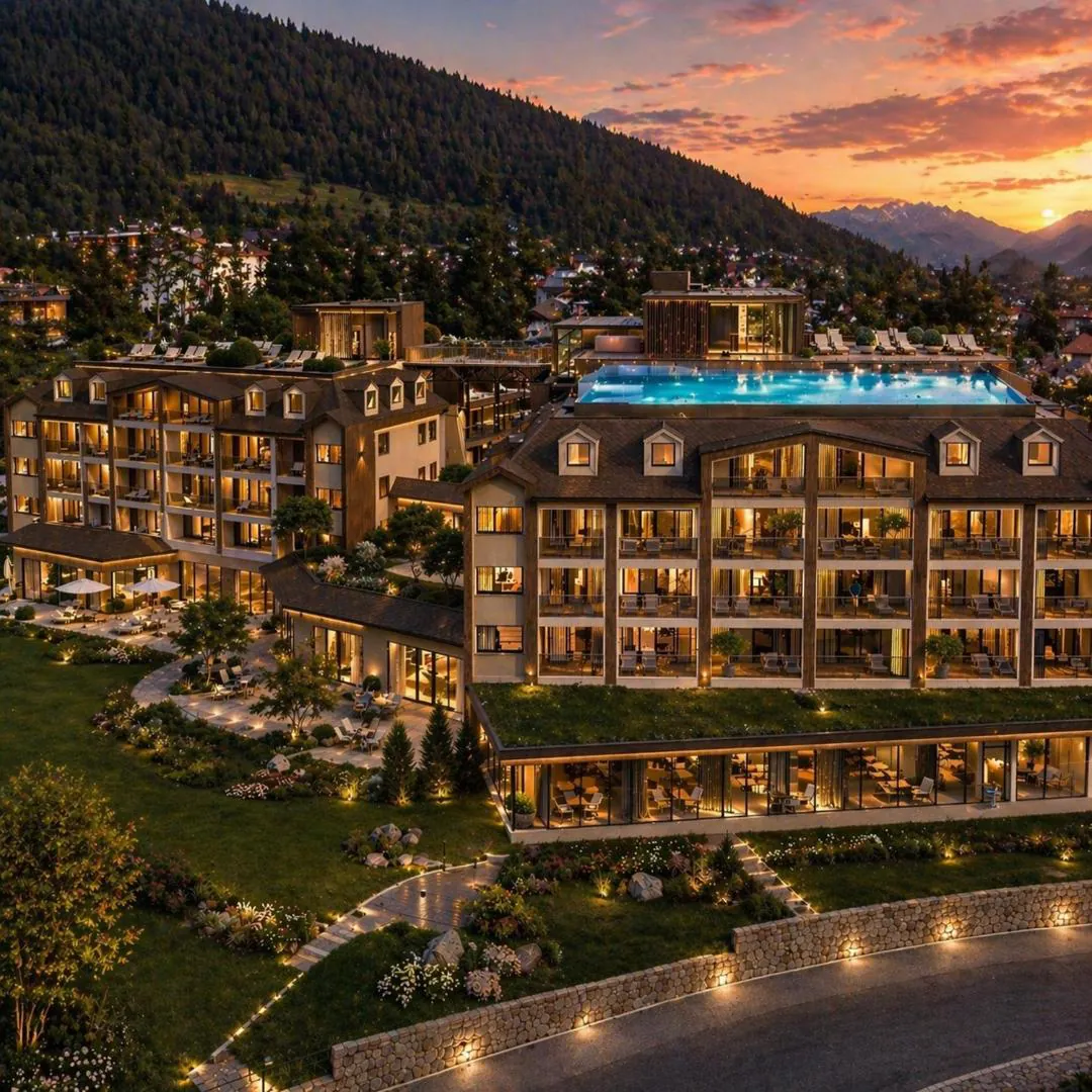 Hotel Majestic at sunset with a lit rooftop pool above the terraces