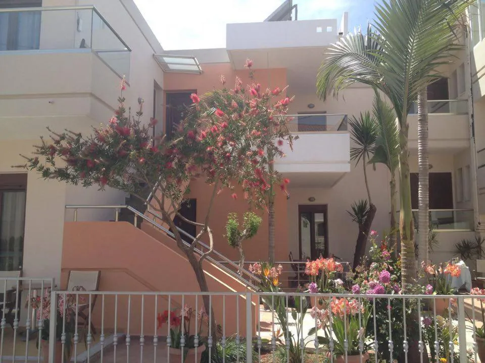 Garden with flowering oleander and palms beside the apartment blocks