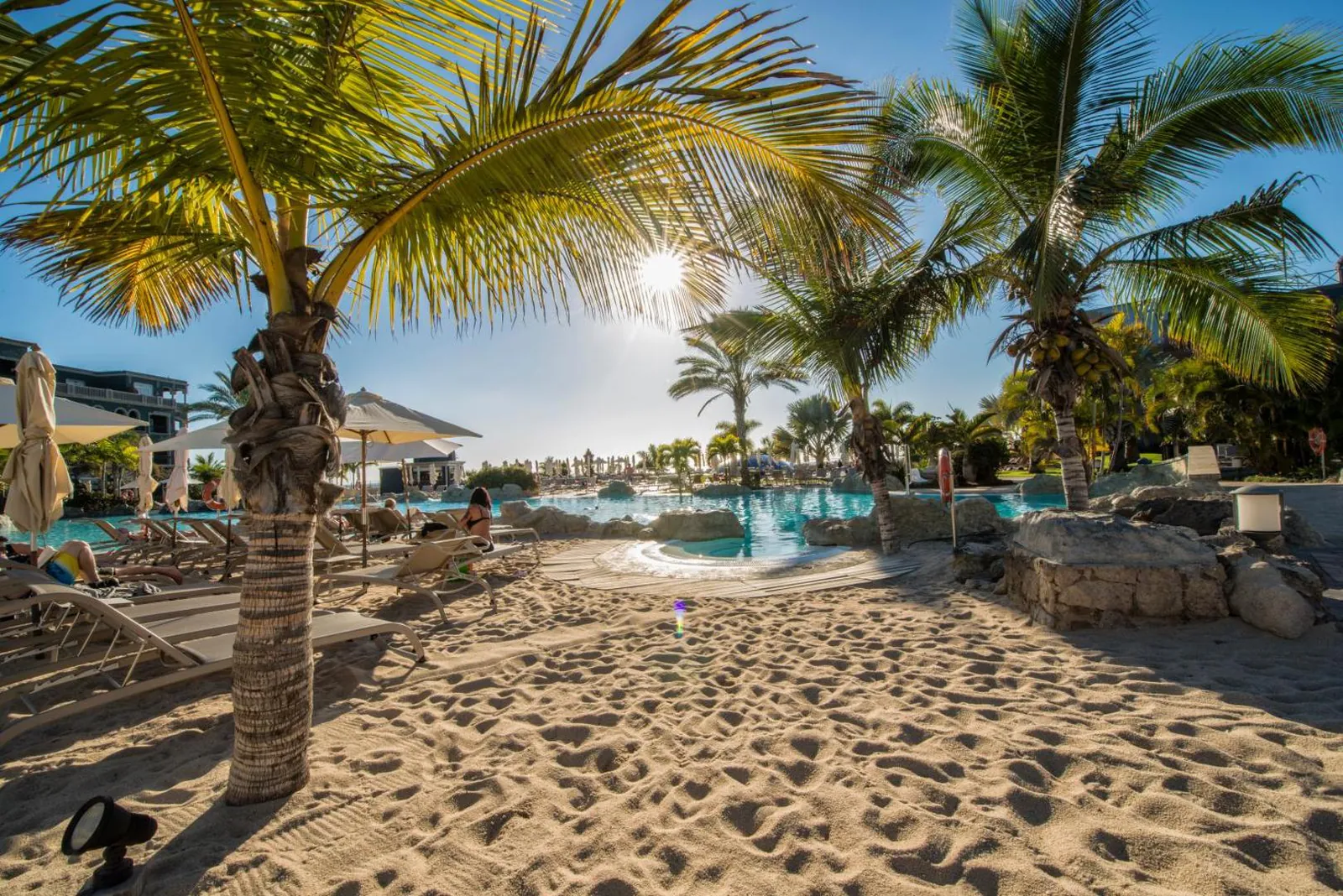Sand beach area with palm trees beside the pools