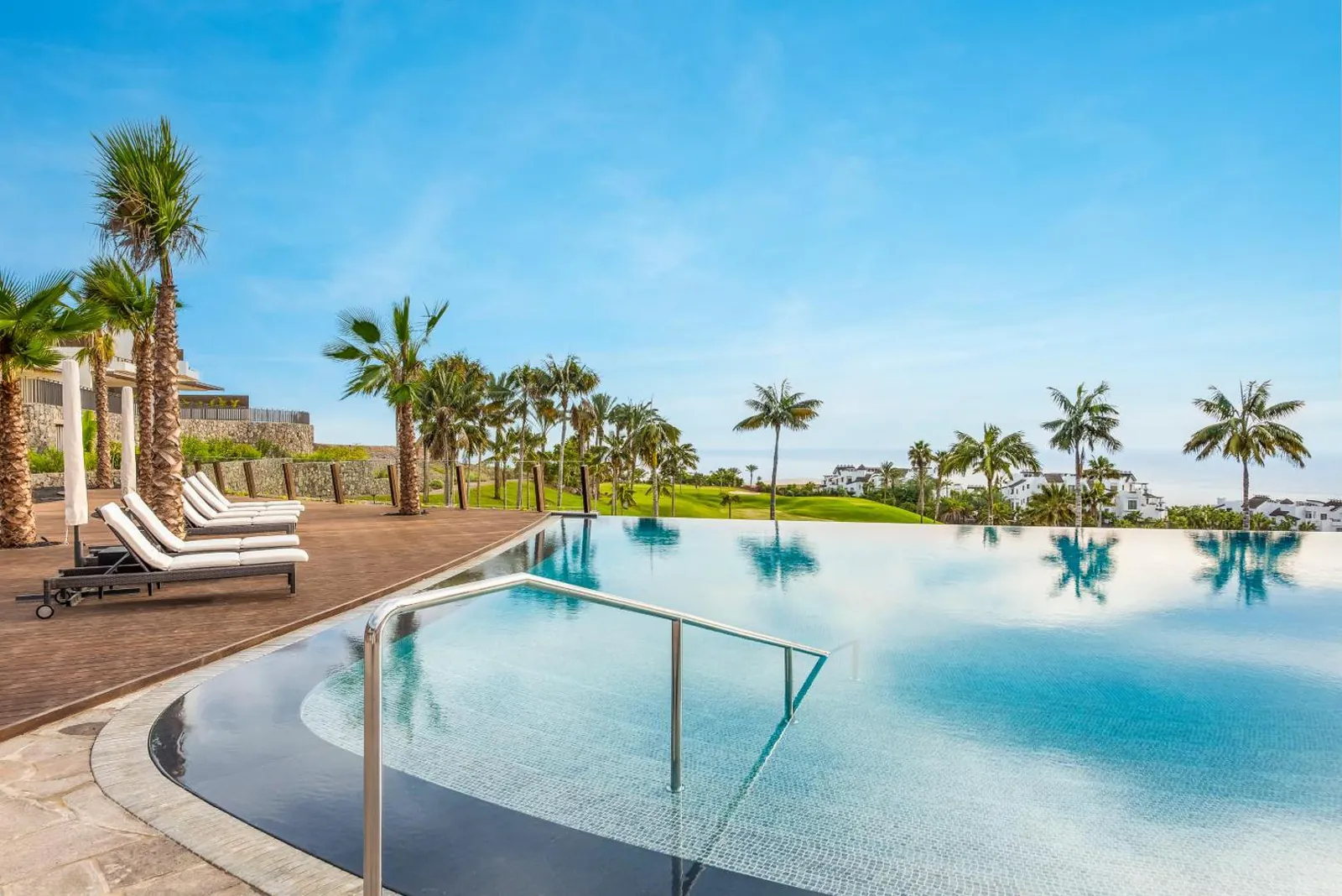 Curving pool with loungers and palms on the lawn above the sea