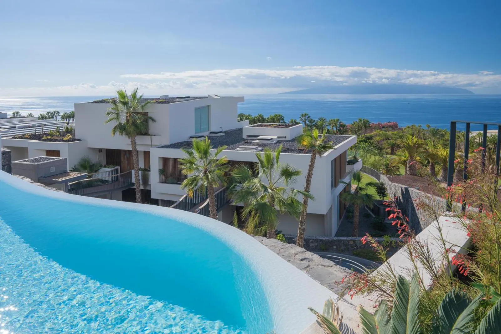 Swirl of the pool's edge with the villas and the coast beyond
