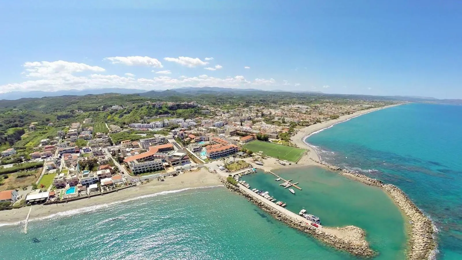 Aerial view of the coast at Platanias with the resort by the beach