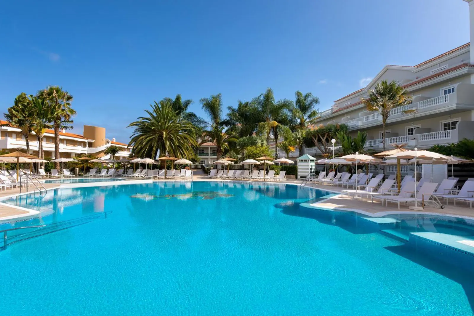 Main pool in full sun with palms and the hotel's white wings behind